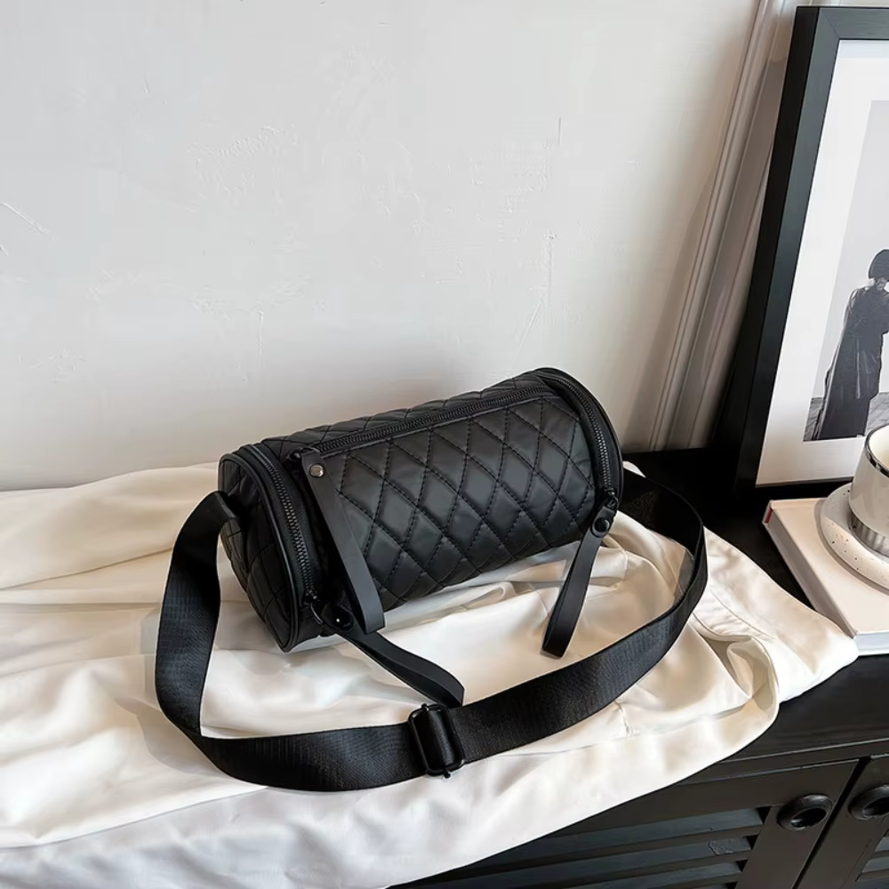 Sac Cylindrique Simple Couleur Unie, Sac Seau Rond Diamanté, Sac Baril en Nylon avec Large Bandouliè