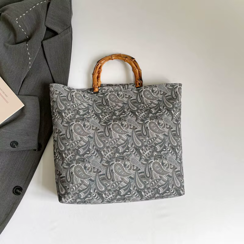 Sac à main bohème à imprimé floral, poignée en bambou naturel, sac fourre-tout pour femme, sac de pl