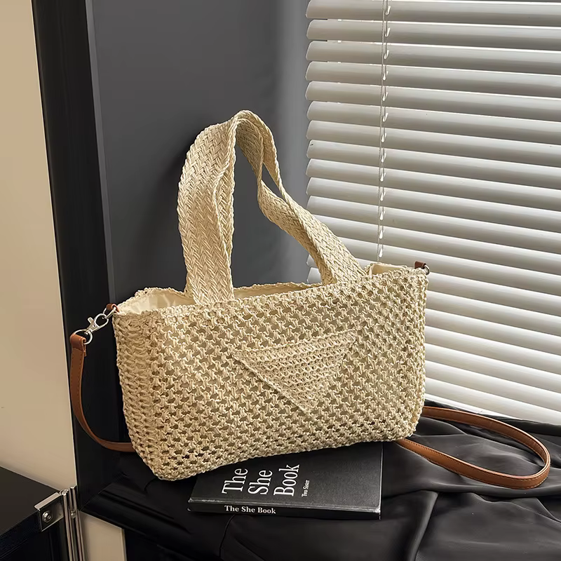 Sac en paille tressé grande capacité style vacances à la plage, sac à bandoulière décontracté ajouré