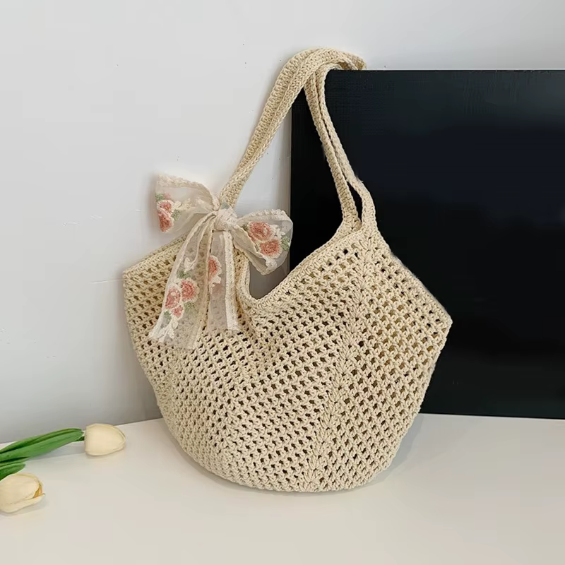Sac fourre-tout d'été en raphia pour femme, avec nœud en dentelle, sac à bandoulière tissé au croche