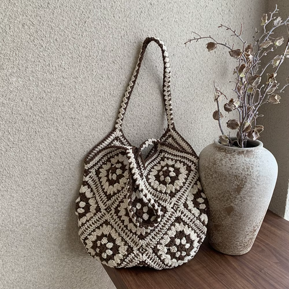 Sac fourre-tout en crochet bohème vintage, grande capacité, style ethnique, sac tricoté, sac à main,