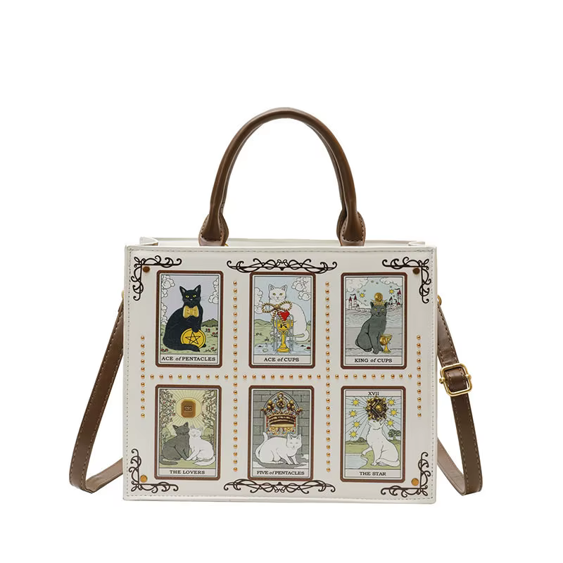 Sac à main de luxe en PU pour femme, motif chat cartes de tarot, style bohème de niche, avec poignée