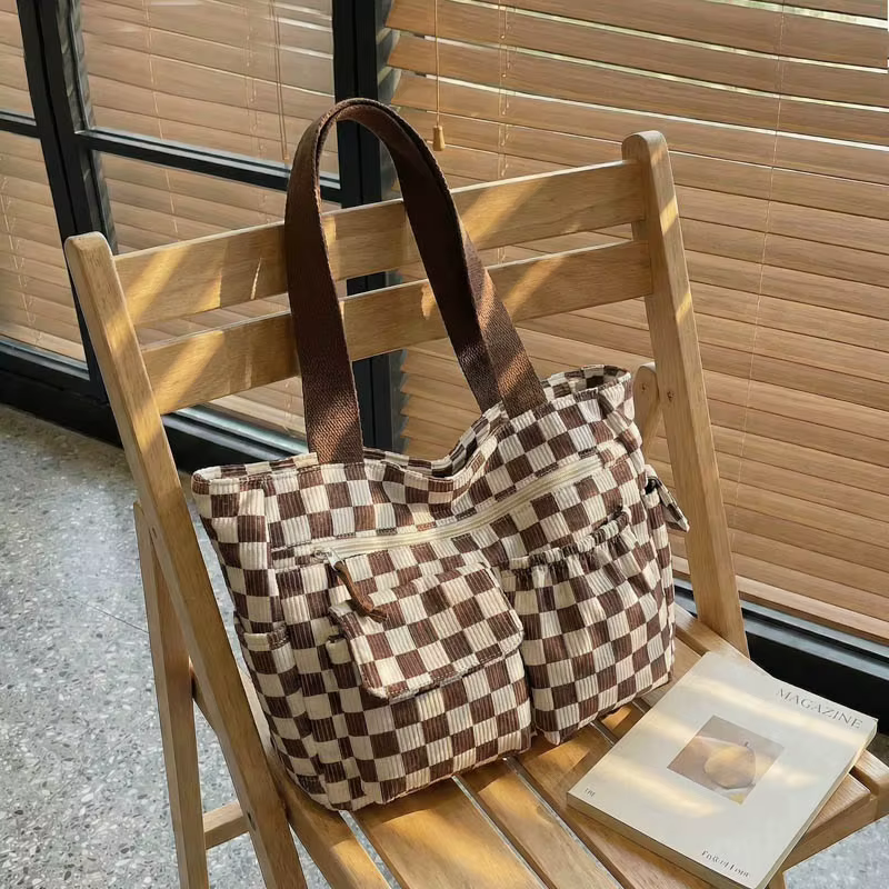 Sac fourre-tout à motif rayé, tendance et décontracté, en velours côtelé, avec plusieurs poches, gra
