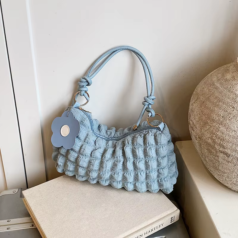 Sac fourre-tout décontracté plissé couleur unie pour femme, sac à bandoulière à bulles sous le bras,