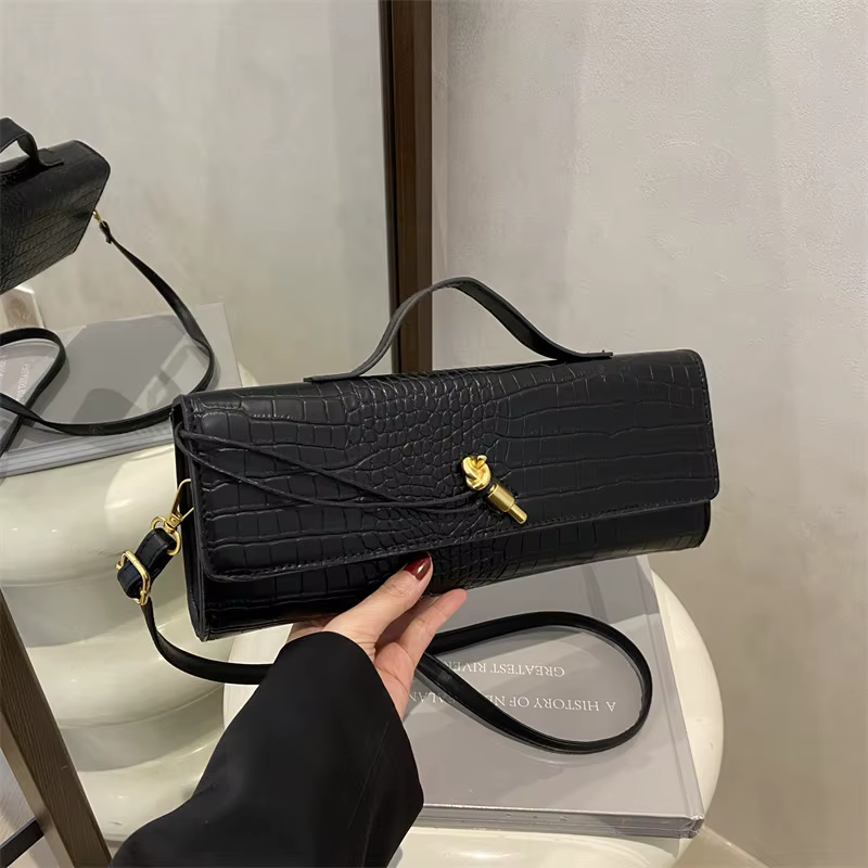 Sacs pour femmes élégants noir rétro en cuir PU motif Crocodile rabat pochette pour femmes sac de so