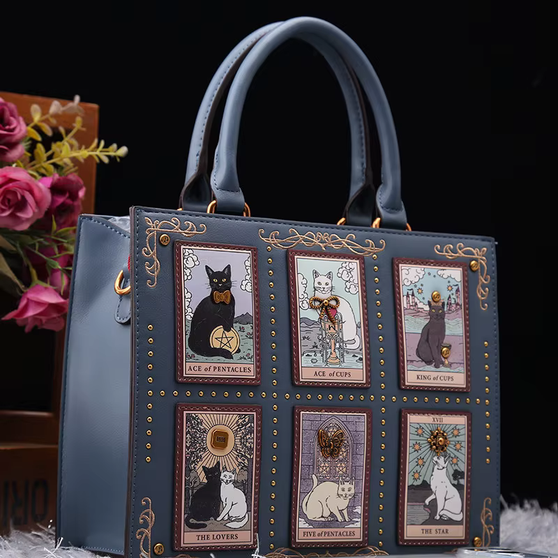 Sacs à main de créateurs rétro et luxueux avec un imprimé délicat de chat de tarot et un design de p