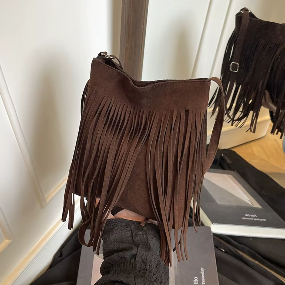 Sac bandoulière vintage en suède à franges, style bohème, couleur unie, grande capacité, bandoulière
