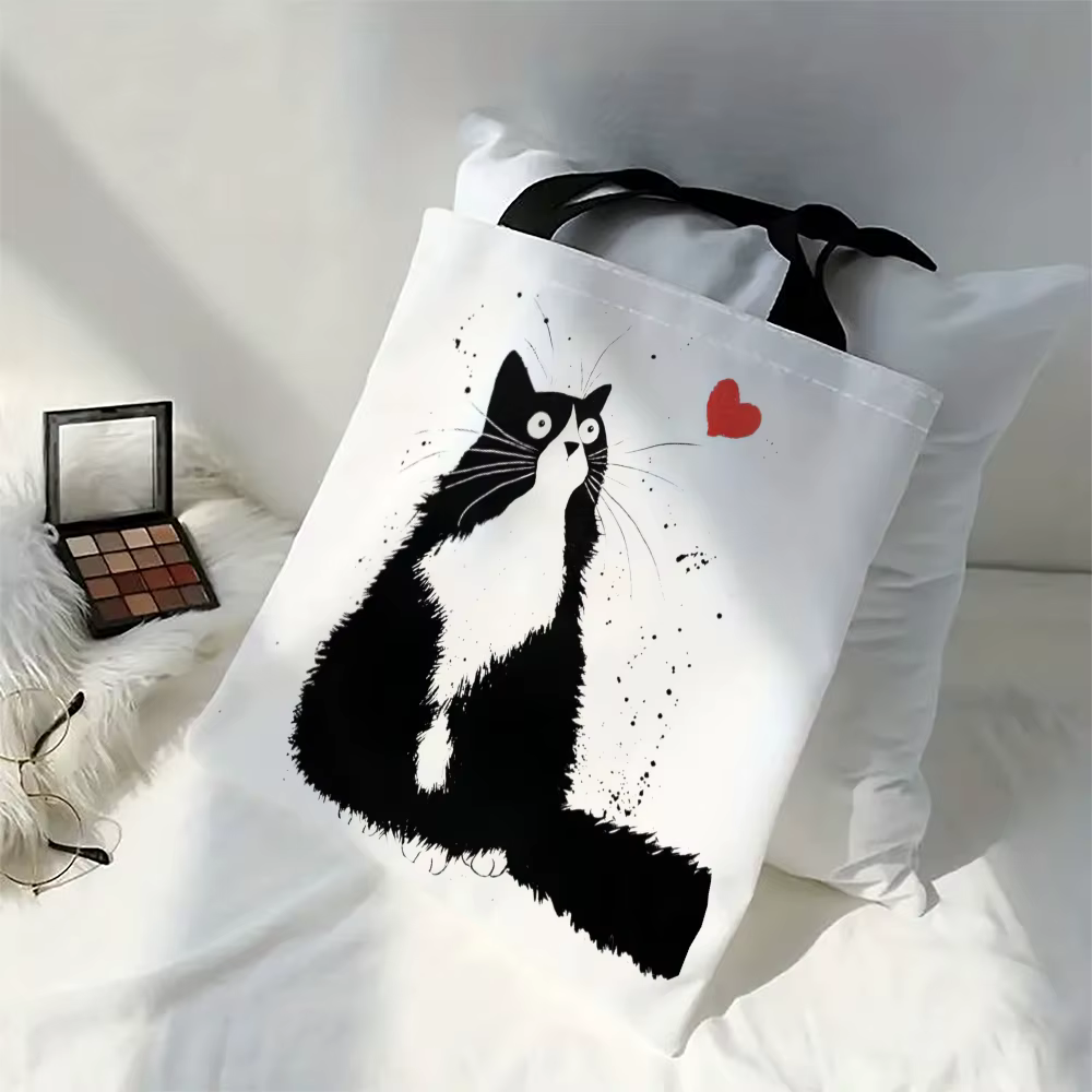 Fourre-tout réutilisable en lin imprimé chats mignons, sac de rangement d'épicerie, sac à bandoulièr