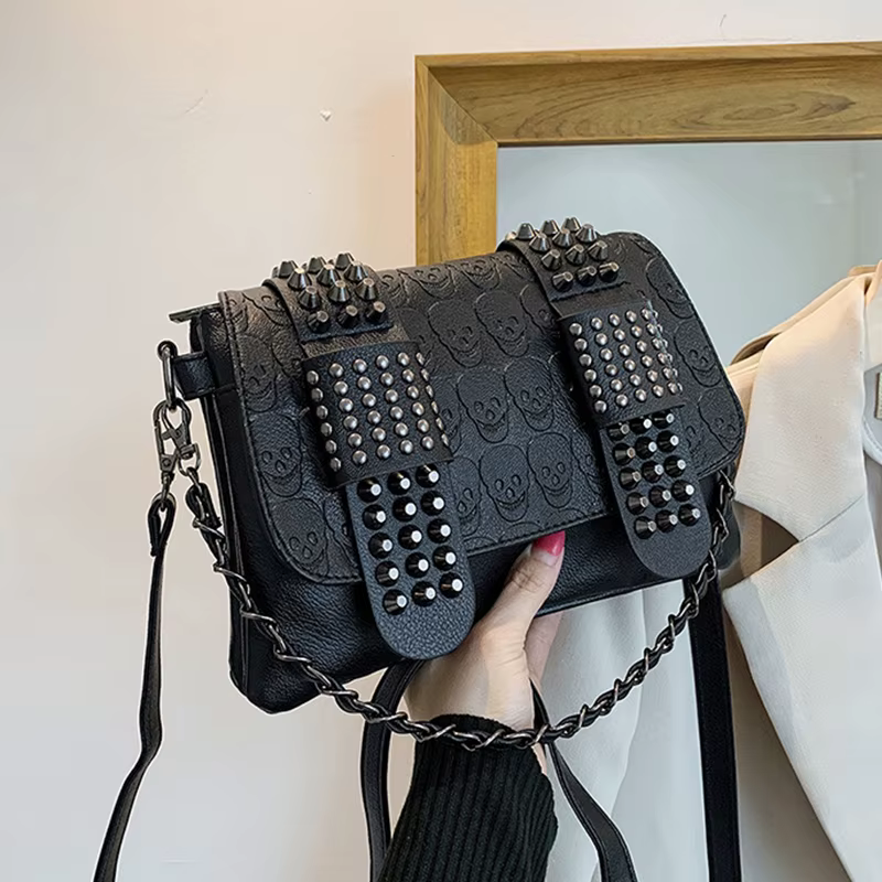 Vintage crâne Rivet sac à bandoulière femmes en cuir PU noir sac