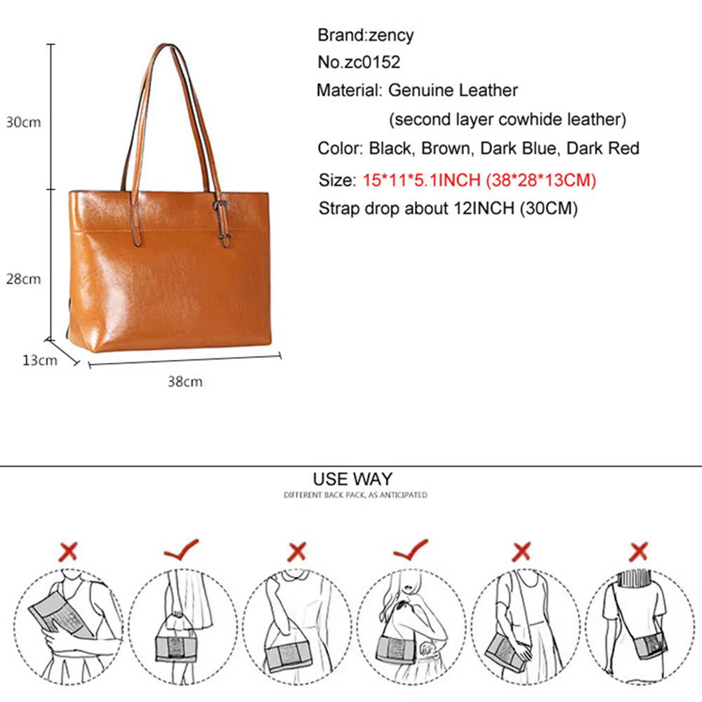 Zency nouveau marron femmes sac à main 100% en cuir véritable femme sac à bandoulière dames noir sac fourre-tout grande capacité sacs à provisions