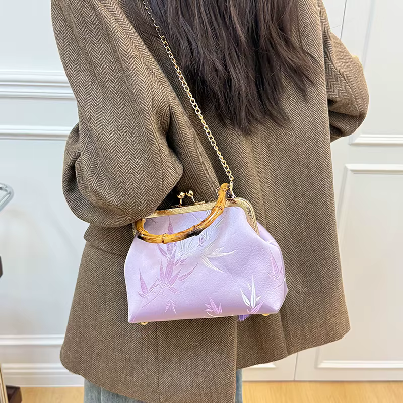 Vintage bambou poignée fourre-tout Style ethnique jour pochette violet Jacquard broderie sac à main élégant dame
