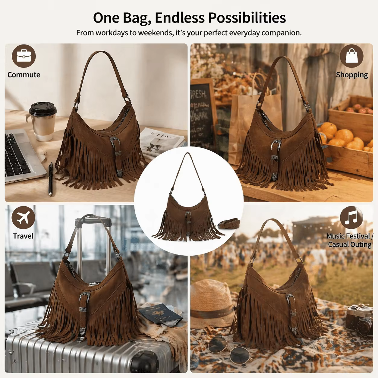 Sac à franges en faux daim pour femmes