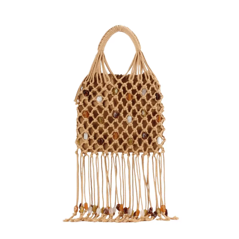 Sac fourre-tout tressé fait main pour femme avec franges à pampilles et détails perlés