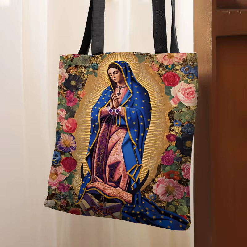 Sac fourre-tout en polyester réutilisable avec motif floral et doré de la Vierge Marie