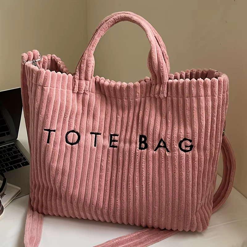 Sac à main en velours rayé de grande capacité, sac à bandoulière pour femmes, sacs à main, sacs à bandoulière, fourre-tout polyvalent en velours côtelé avec lettres