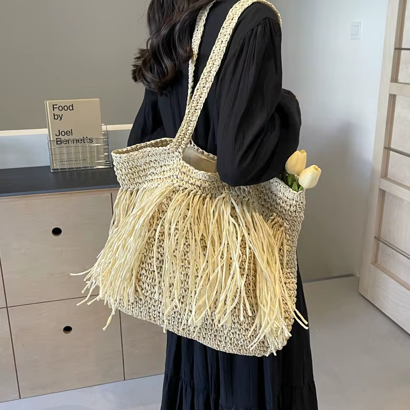 Sac fourre-tout en paille solide tissé pour femme