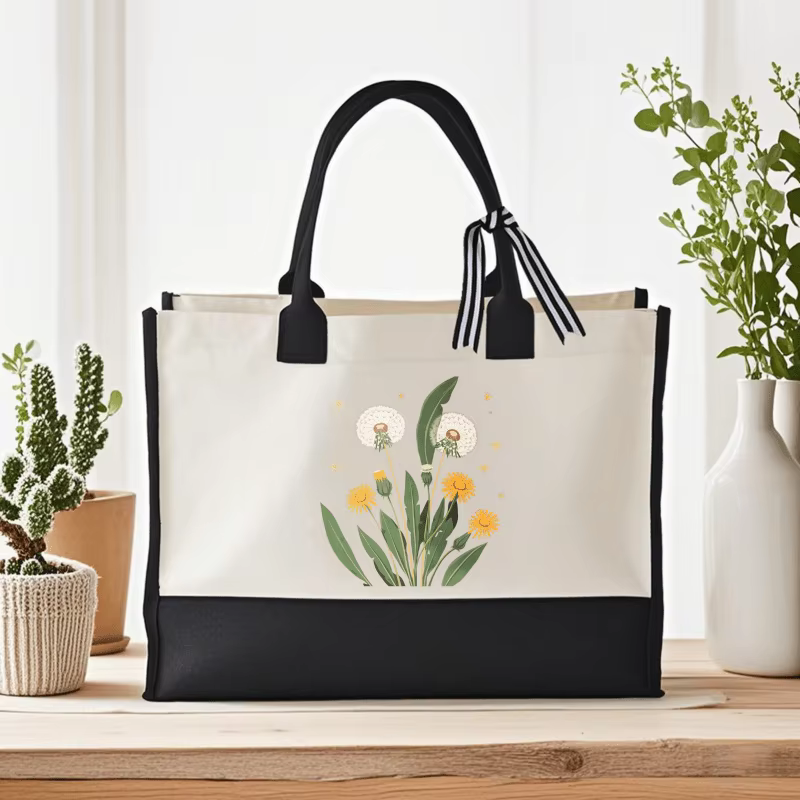 Sac à main en toile imprimé pissenlit noir et fleurs sauvages pour un usage quotidien