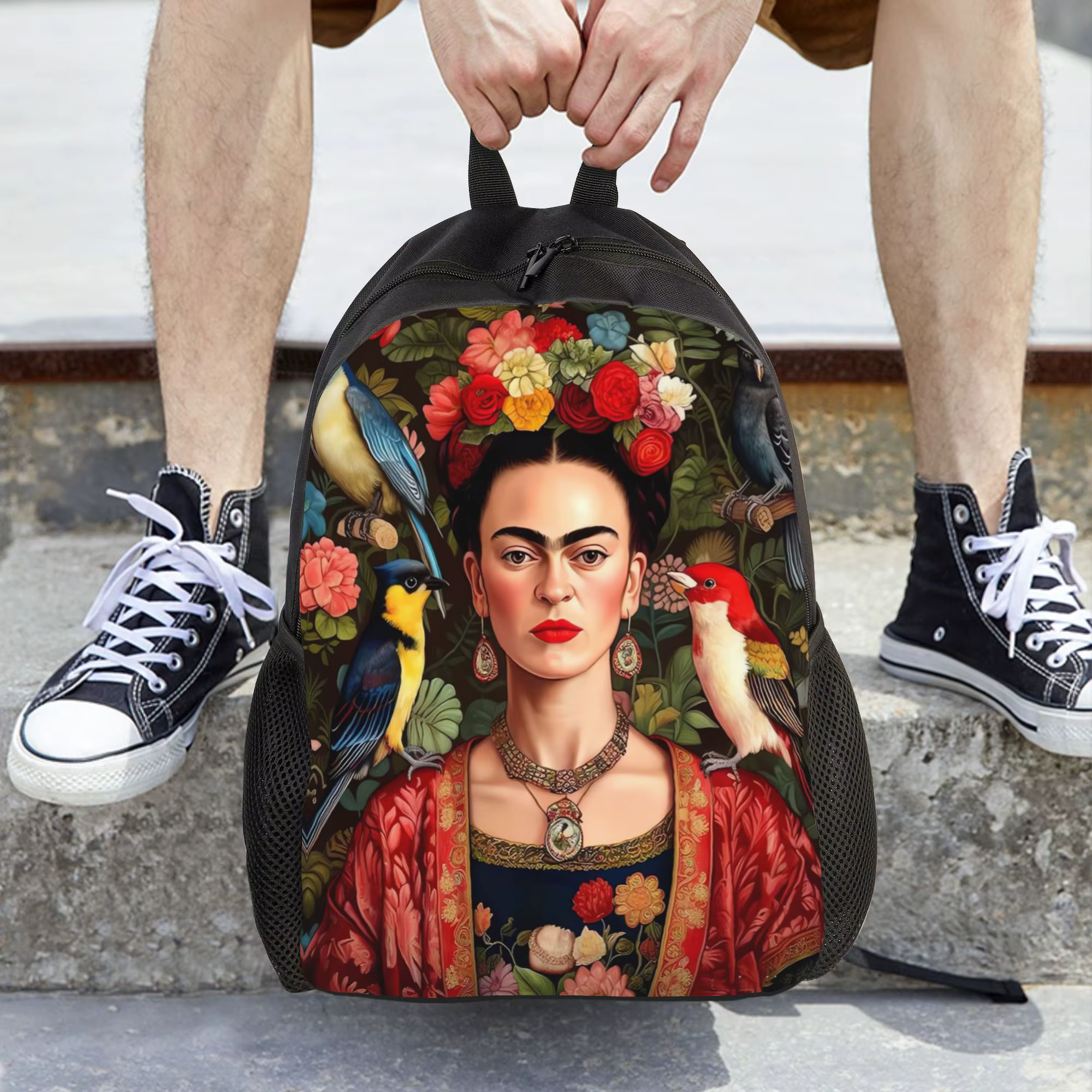 Sac à dos esthétique à imprimé floral F-Frida K-Kahlo