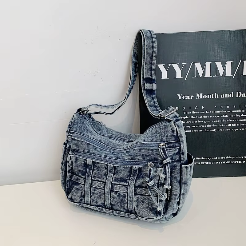 Sac à bandoulière en Denim solide avec fermeture éclair, fil à coudre, grande capacité, haute qualité, polyvalent, simplicité, sacs à bandoulière simples pour femmes, 2026