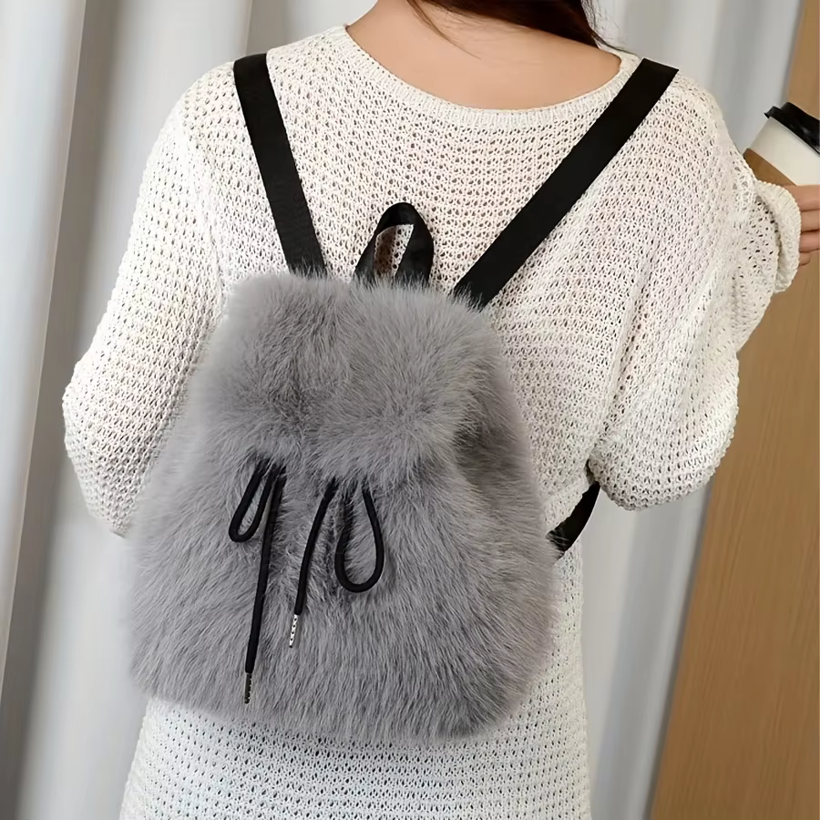 Sac à dos en fausse fourrure pour femme avec fermeture à cordon réglable Sac à dos pour usage formel décontracté Mini sac à dos Sac à texture douce