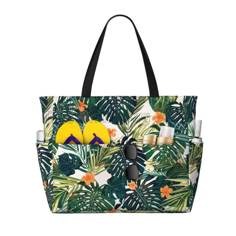 Sac de plage à feuilles et fleurs vertes tropicales pour femmes