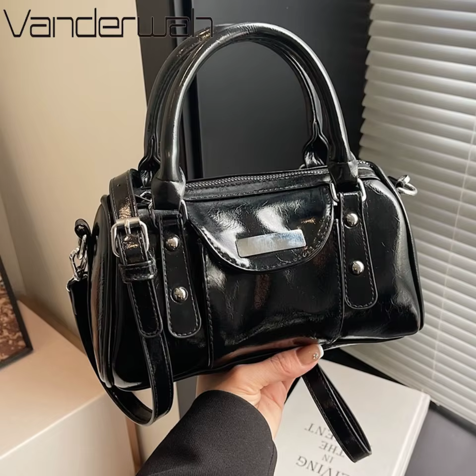 Mini sacs à poignée supérieure pour femmes huile brillante en cuir PU couleur Pure épaule