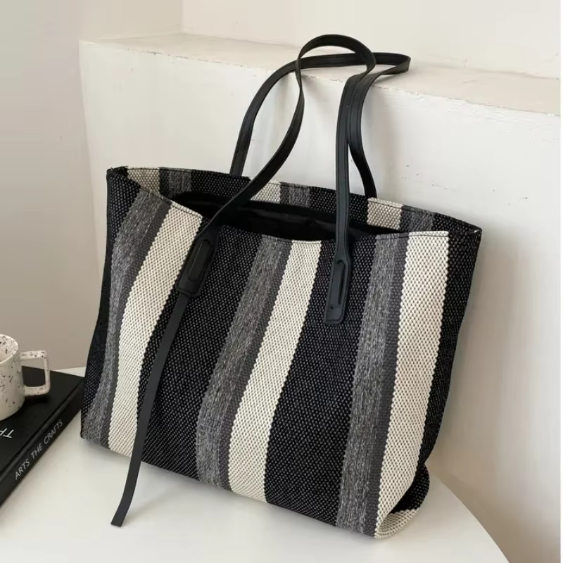 Raphia-Sac à Main en Toile à Rayures pour Femme