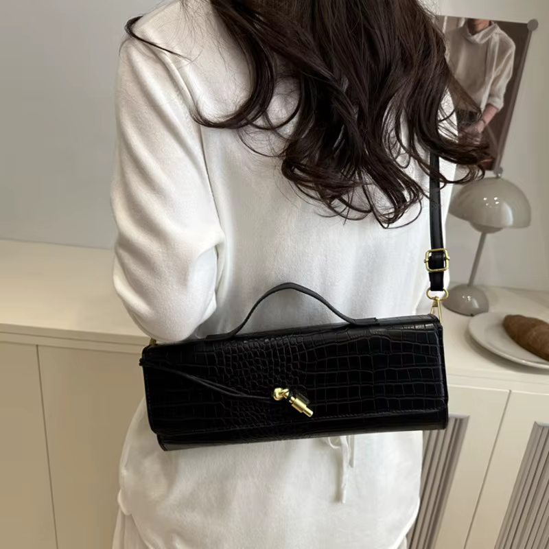 Sacs pour femmes élégants noir rétro en cuir PU motif Crocodile rabat pochette