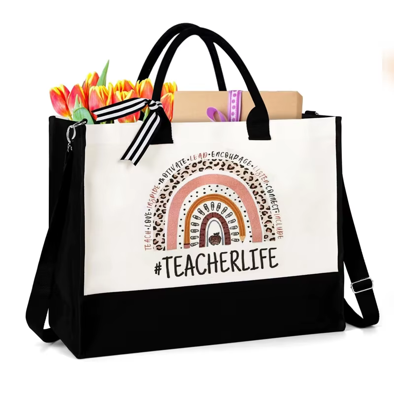Sac fourre-tout en toile noir et blanc avec sangles
