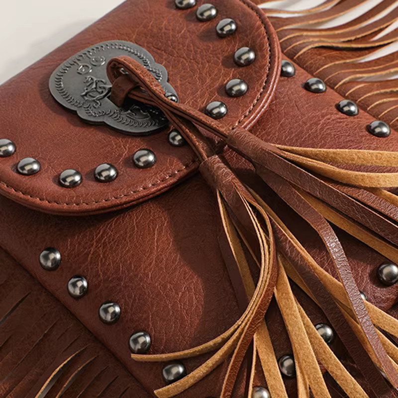 Boho marron Rivet frange petit sac pour femmes sacs à main Hippie gitane bohème gland