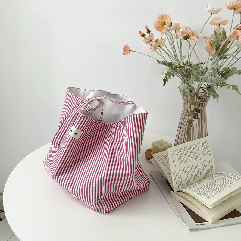 Sac à bandoulière en toile pour femmes, Design réversible, sac à main en tissu de coton, sac à main à rayures rouges cerise, grand fourre-tout, sacs de Shopping écologiques