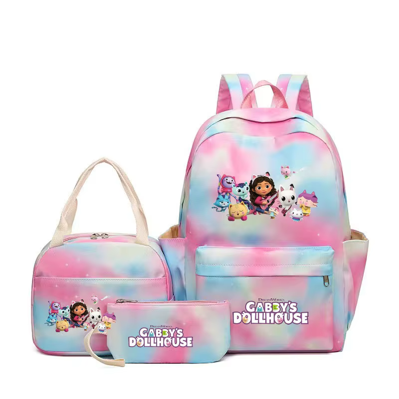 3 pièces Gabby Dollhouse coloré sac à dos ensemble pour femmes sacs d'école décontractés avec sac à déjeuner fille garçon étudiant adolescent sac à dos