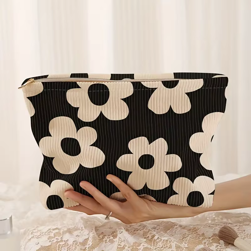 Pochette de maquillage en velours côtelé à imprimé floral jaune