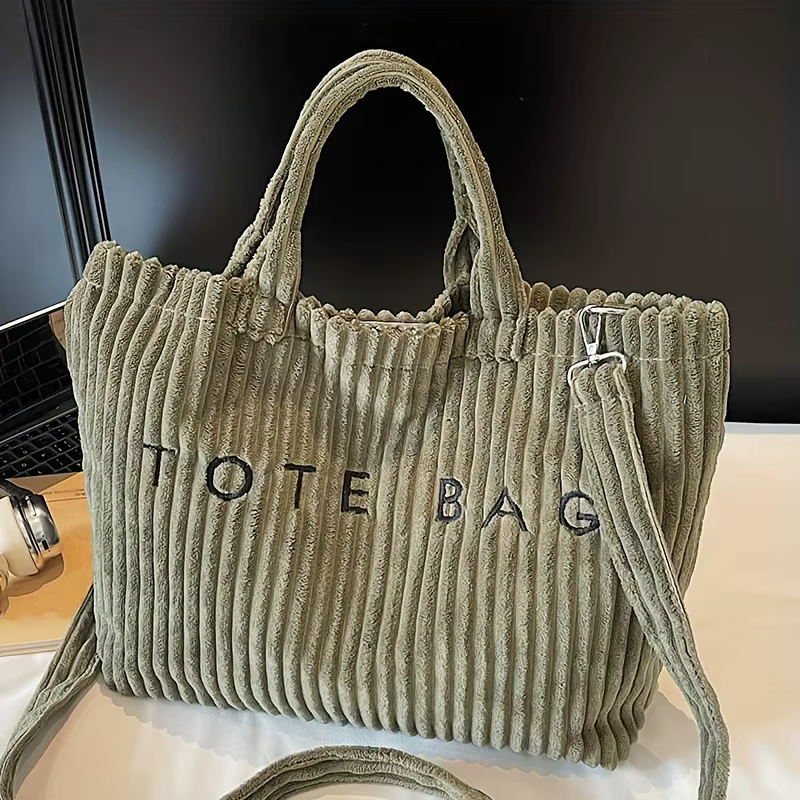 Sac à main en velours rayé de grande capacité, sac à bandoulière pour femmes, sacs à main, sacs à bandoulière, fourre-tout polyvalent en velours côtelé avec lettres