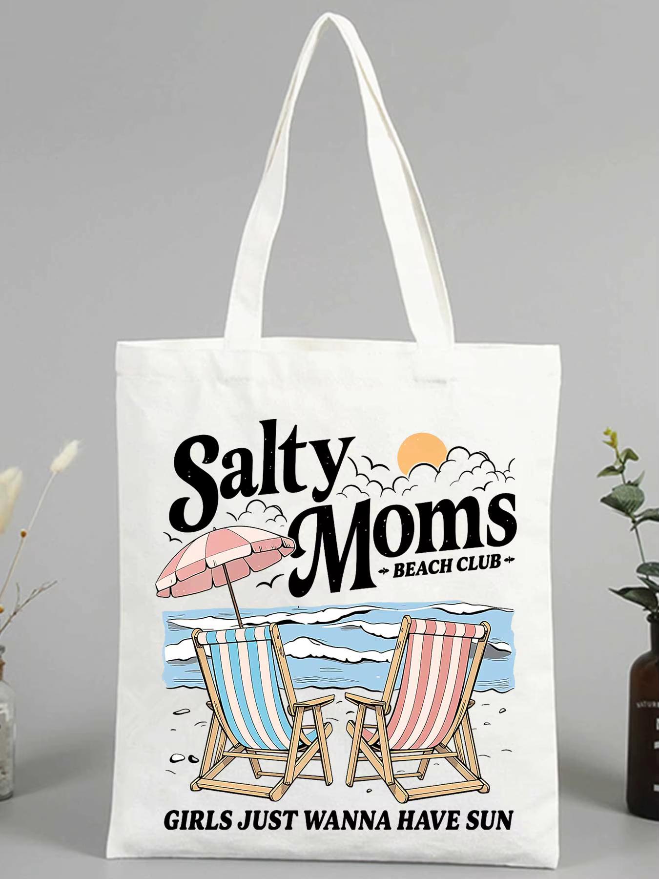 Sac fourre-tout en toile pour mamans avec motif scène de plage et slogan imprimé