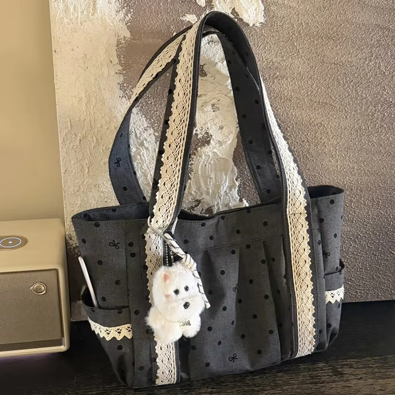 Sac fourre-tout en dentelle à pois grande capacité pour femme