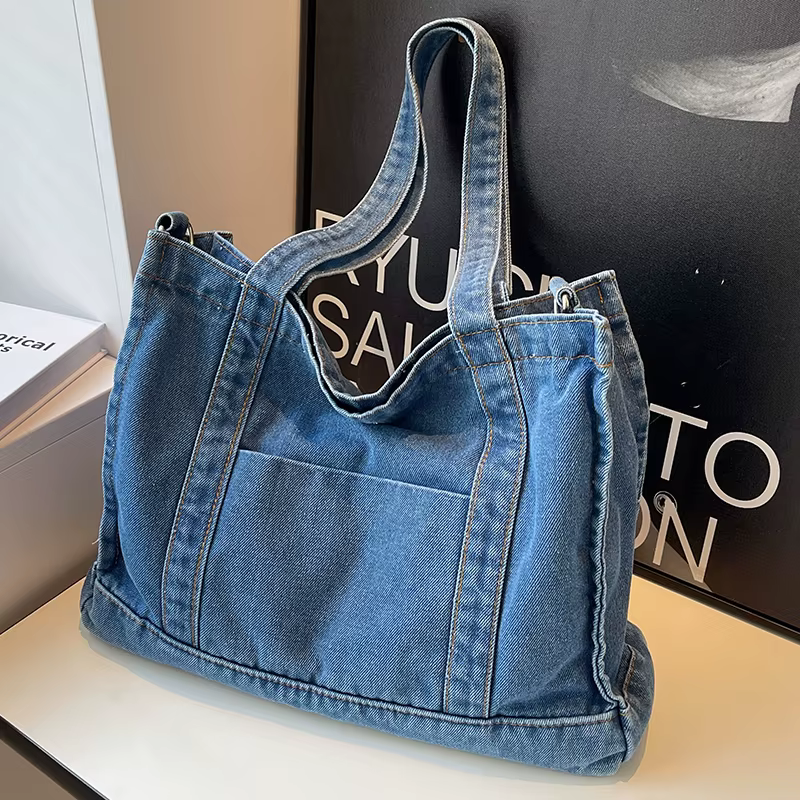 Sac à Main en Denim Bleu de Grande Capacité pour Femme