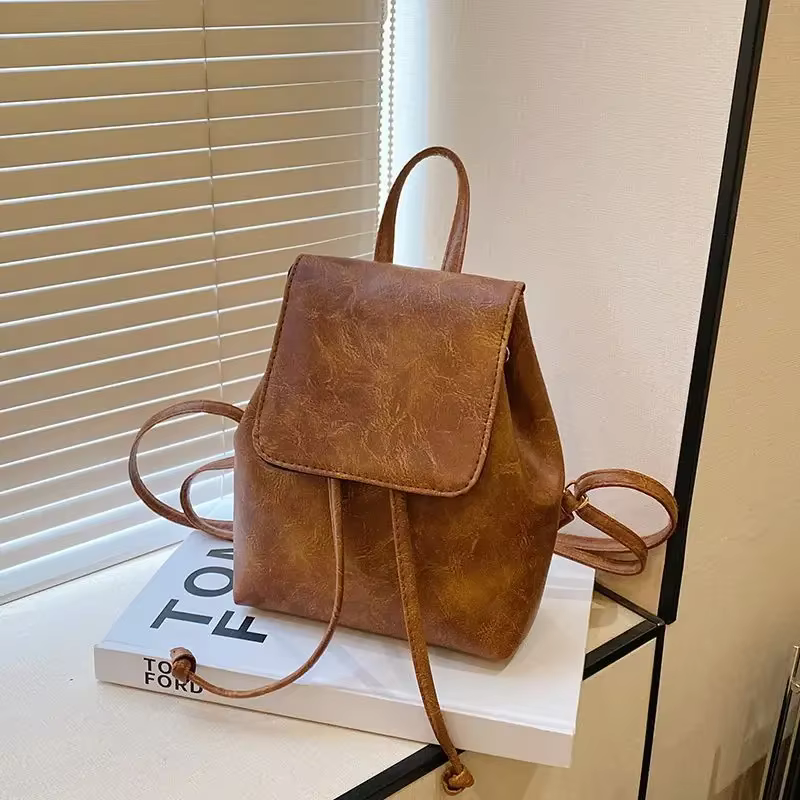 Nouveau Mini sac à dos artistique marron avec cordon de serrage pour femmes