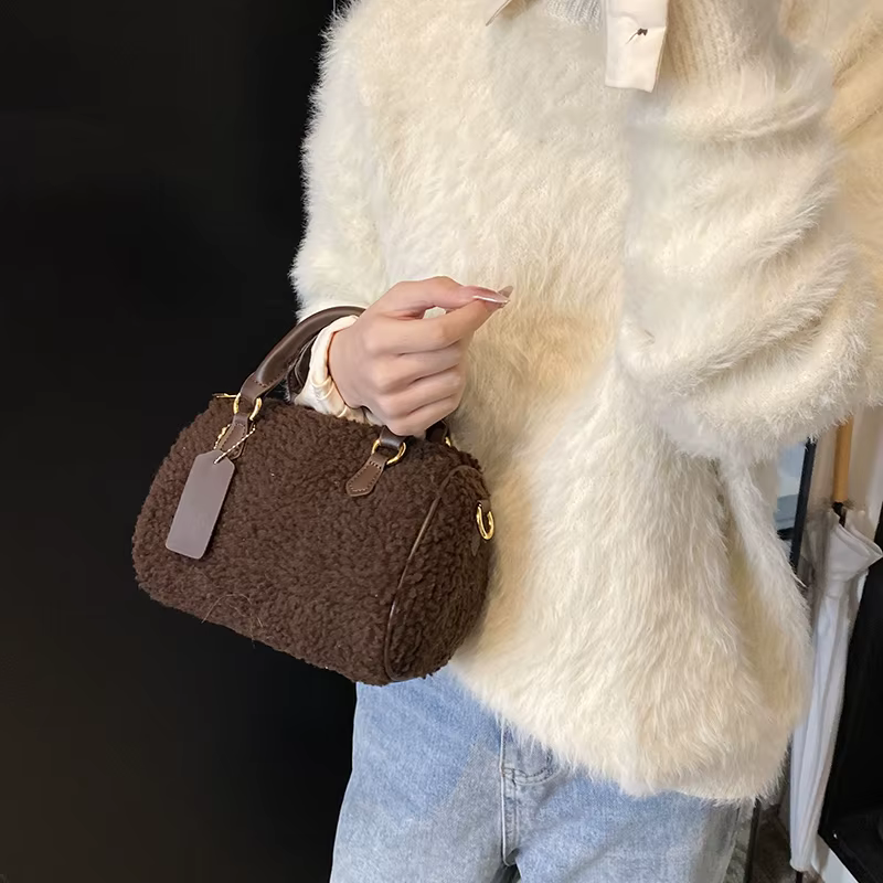 Sac à Main en Fausse Fourrure Beige pour Femme