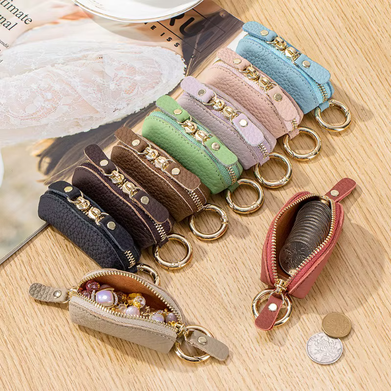 Mini porte-monnaie en cuir véritable avec fermeture éclair