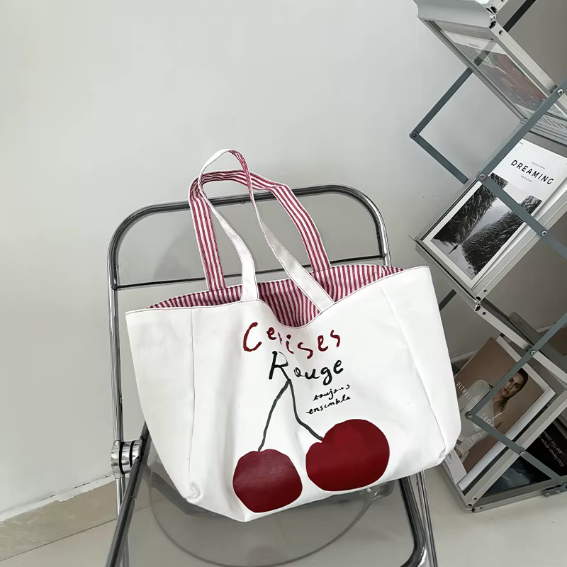 Sac à bandoulière en toile pour femmes, Design réversible, sac à main en tissu de coton, sac à main à rayures rouges cerise, grand fourre-tout, sacs de Shopping écologiques