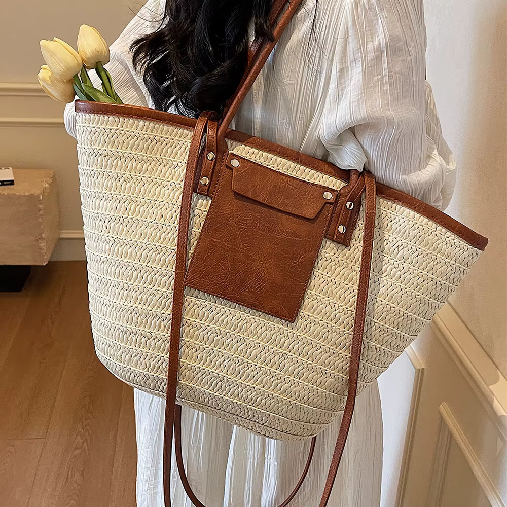 Sac fourre-tout en paille tressée grande capacité style bohème
