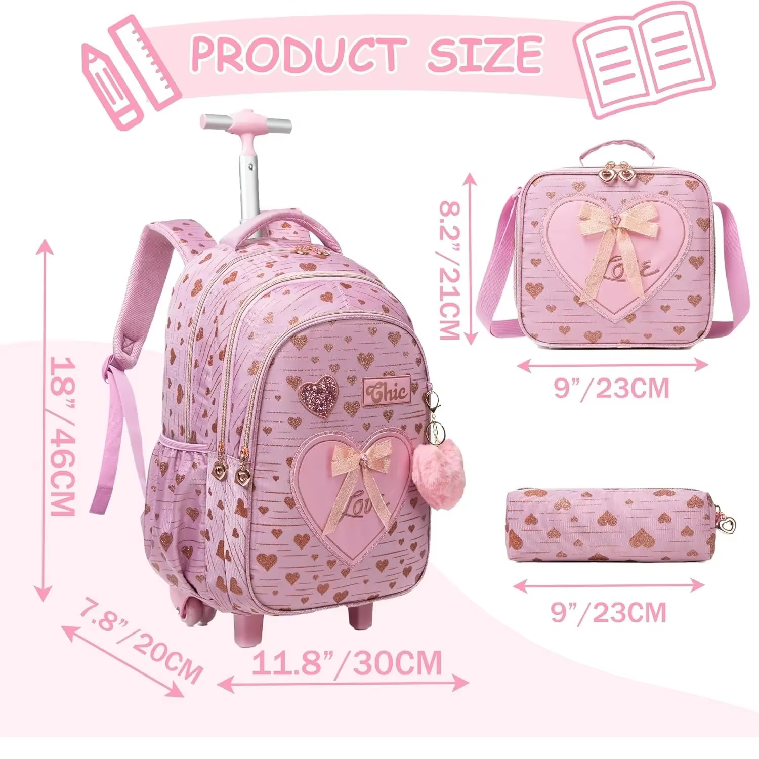Sac à dos à roulettes avec ruban nœud papillon pour enfants