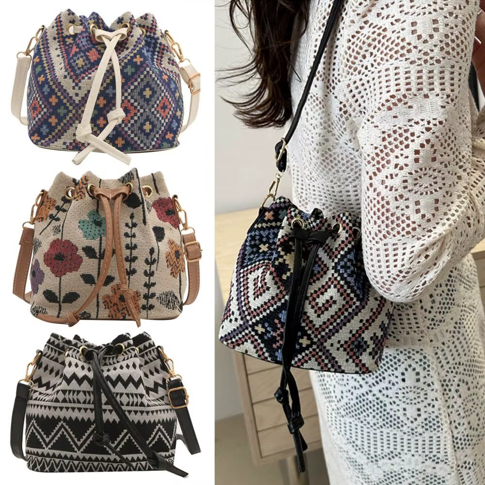 Sac seau en tissu de lin à motif floral