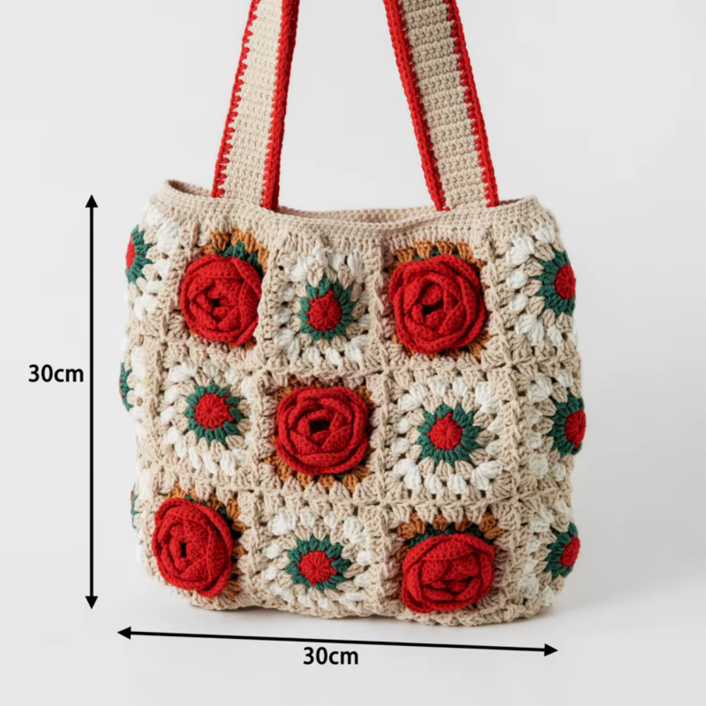 Sac en crochet fait main, tissage de 10 roses en fil de chiffon, sac à bandoulière, sac en tricot rouge, sac en fil rose, cadeau de vacances