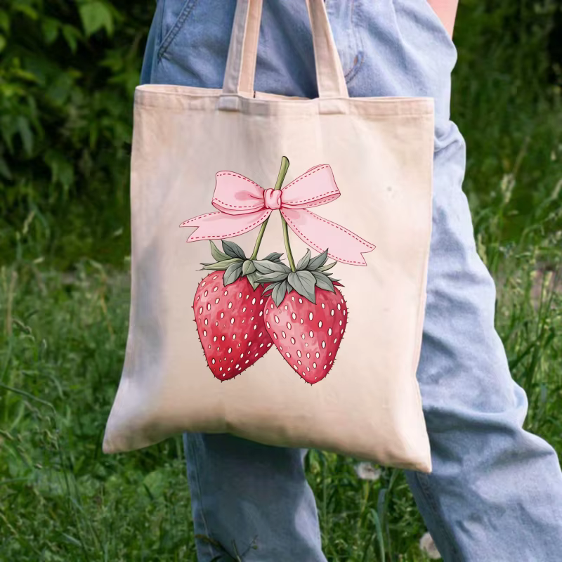 Sac fourre-tout en coton imprimé fraise crème avec nœud rose pour un usage quotidien et un shopping
