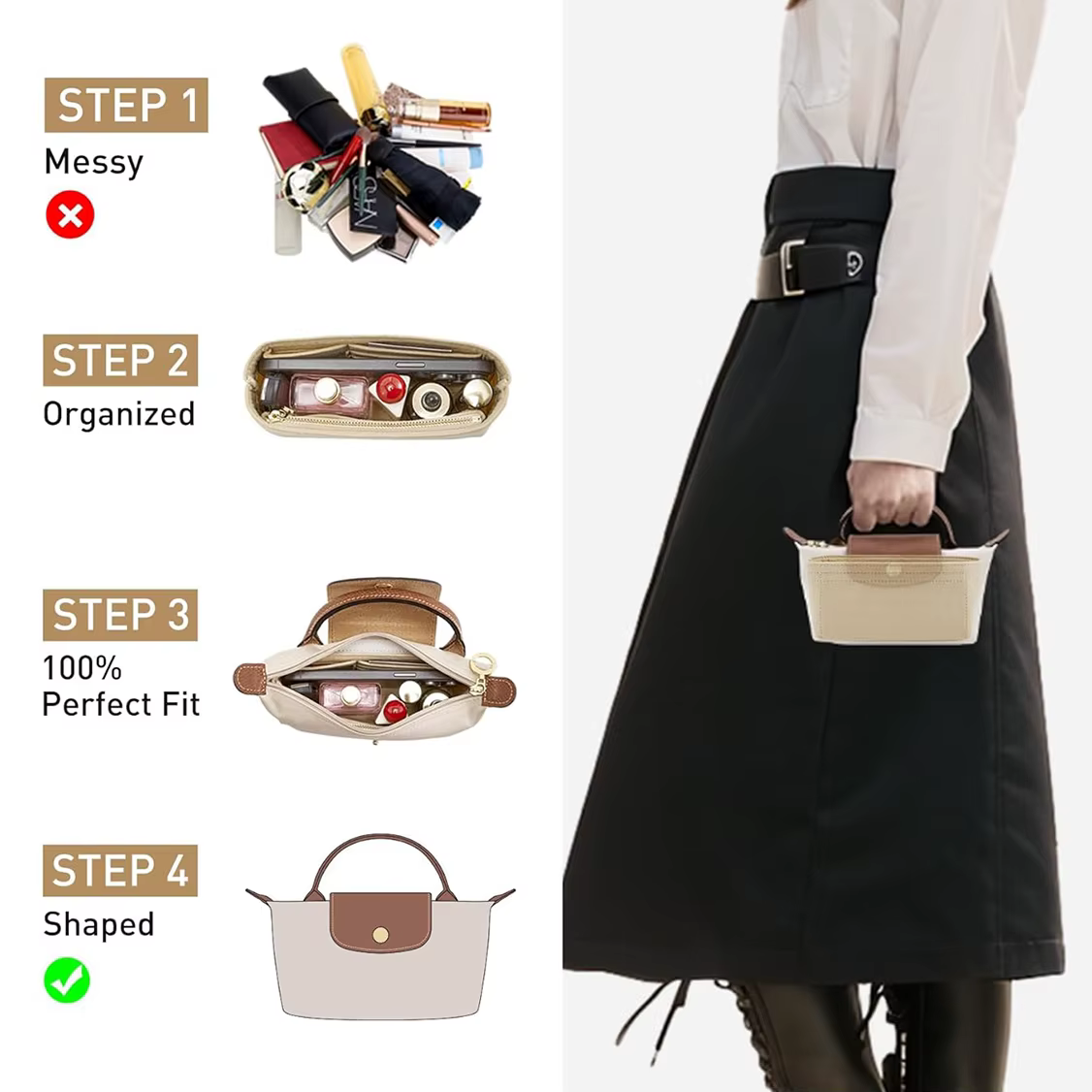 Organisateur de sac pour Longchamp Small Tote Bag Timid