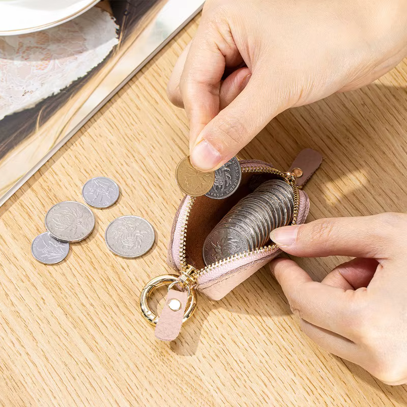 Mini porte-monnaie en cuir véritable avec fermeture éclair