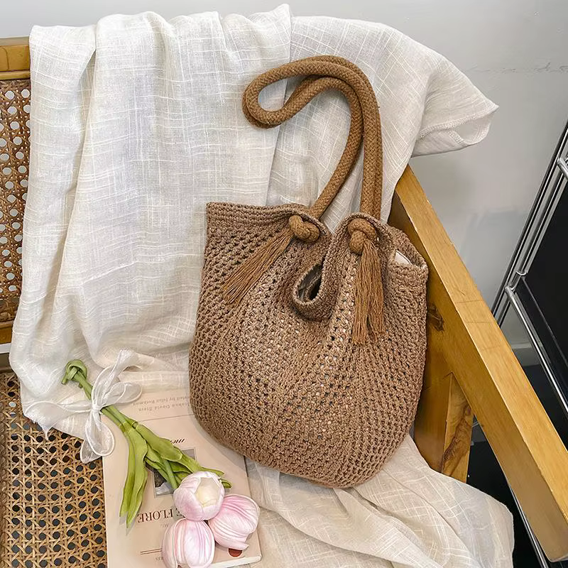 Sacs à bandoulière pour femmes, fourre-tout tricoté décontracté, fourre-tout fait à la main, grande capacité, sac creux d'été