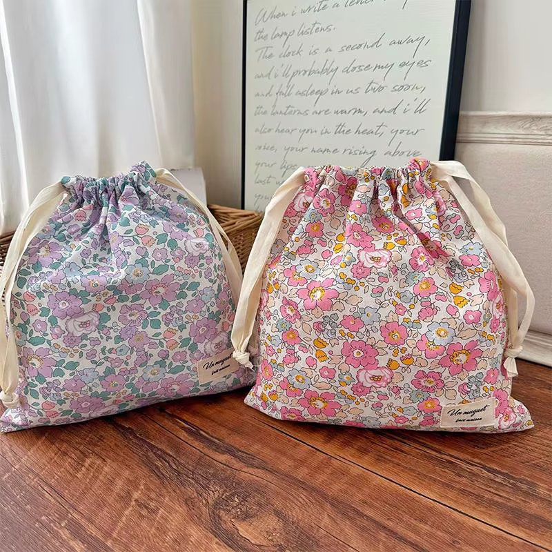Pochette de rangement vintage en coton floral avec cordon de serrage